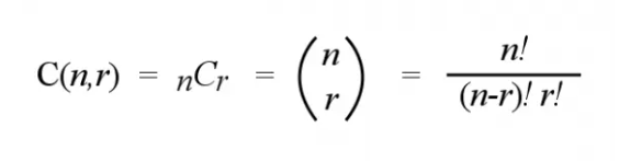 You read this formula by saying “n choose r”. This is the formula for computing the total number of possible combinations of r objects from n set of objects. For example, you can find the number of combinations in a 6/42 game by substituting 6 to r and 42 to n.