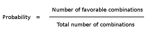 The probability formula is expressed mathematically as the number of favorable combinations over the number of total combinations.