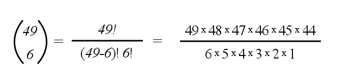 combination formula applied to lotto 6/49 game = 49 x 48 x 47 x 46 x 45 x 44 / 6 x 5 x 4 x 3 x 2 x 1