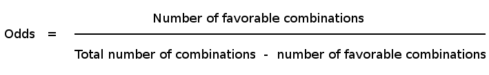 Odds is equal to the number of favorable combinations over the difference between the total number of combinations and the favorable combinations