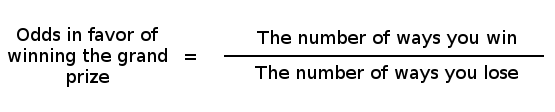 The formula to calculate odds of the lottery. It is basically the separation between the possible ways to win and the possible ways to lose