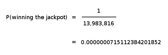 The probability calculation for a lotto 649 system is equal to 1 divided by 13,983,816 is equal to 0.0000000715